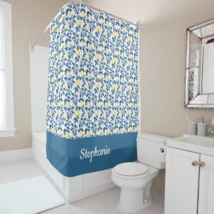 Blue Yellow Watercolor Lemon Monogram Shower Curtain
