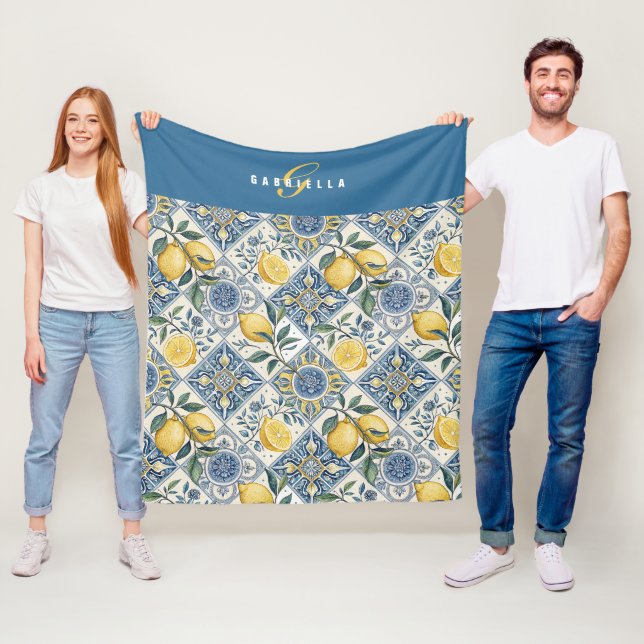 Blue Yellow Watercolor Lemon Name Fleece Blanket (In Situ)