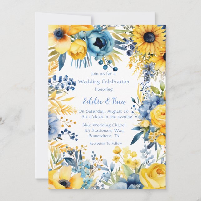Blue Yellow Watercolor Peony Wedding  Invitation (Front)