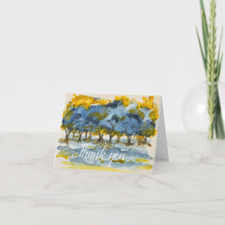 Blue yellow watercolor trees- blank - thank you card