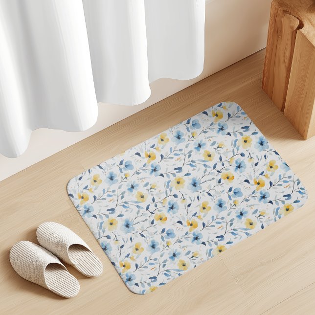Blue Yellow Watercolor Wildflower  Bath Mat (Creator Uploaded)