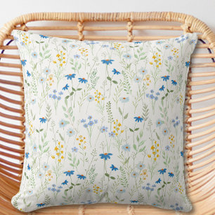 Blue Yellow Watercolor Wildflower Cushion