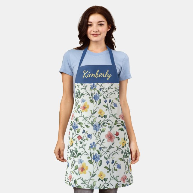 Blue Yellow Watercolor Wildflower Custom Name Apron (Worn)