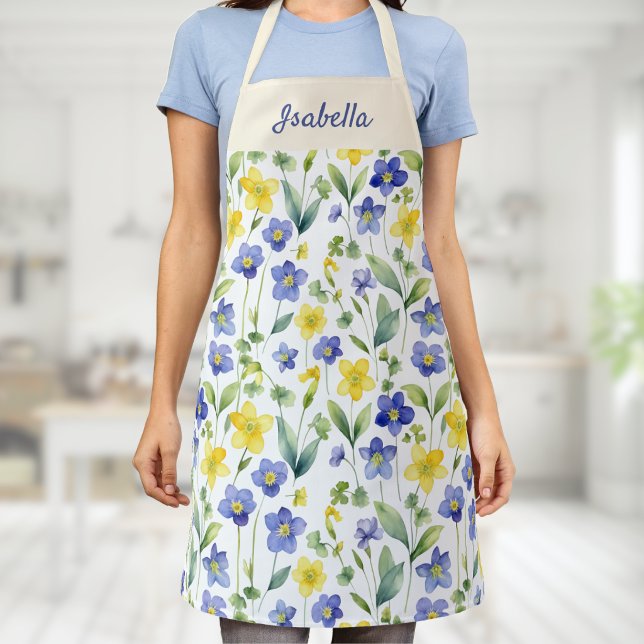 Blue Yellow Watercolor Wildflower Custom Name Apron (A pretty kitchen apron with blue and white floral pattern and customizable name panel)