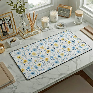 Blue Yellow Watercolor Wildflower Desk Mat