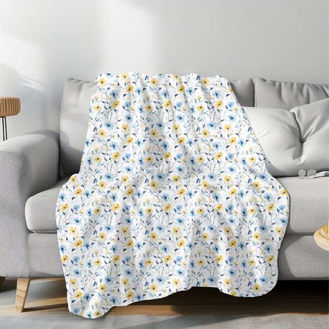 Blue Yellow Watercolor Wildflower  Fleece Blanket (Creator Uploaded)