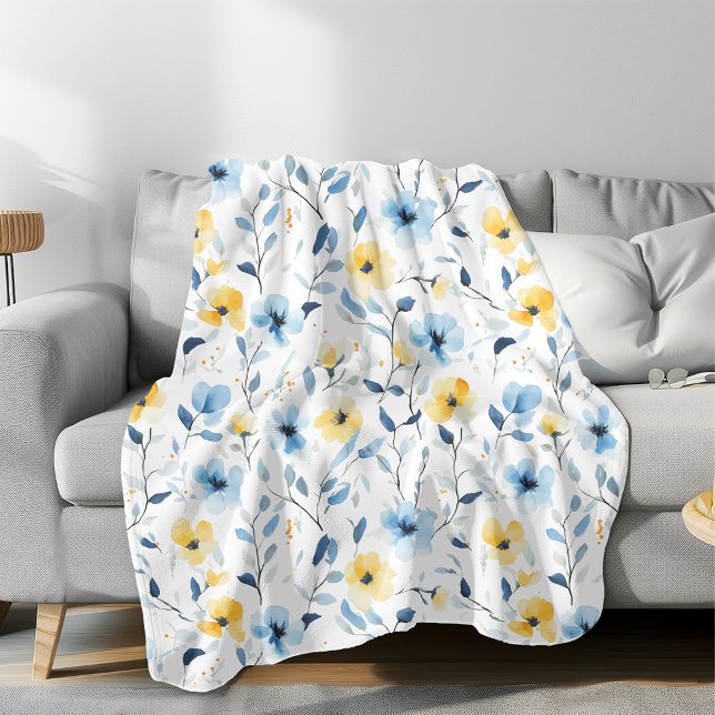 Blue Yellow Watercolor Wildflower  Fleece Blanket (Creator Uploaded)