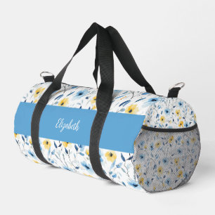 Blue Yellow Watercolor Wildflower Monogram Duffle Bag