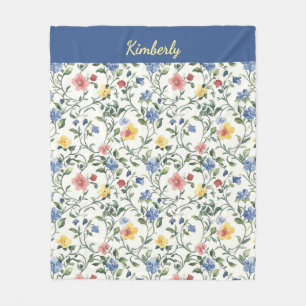 Blue Yellow Watercolor Wildflower Monogram Name Fleece Blanket