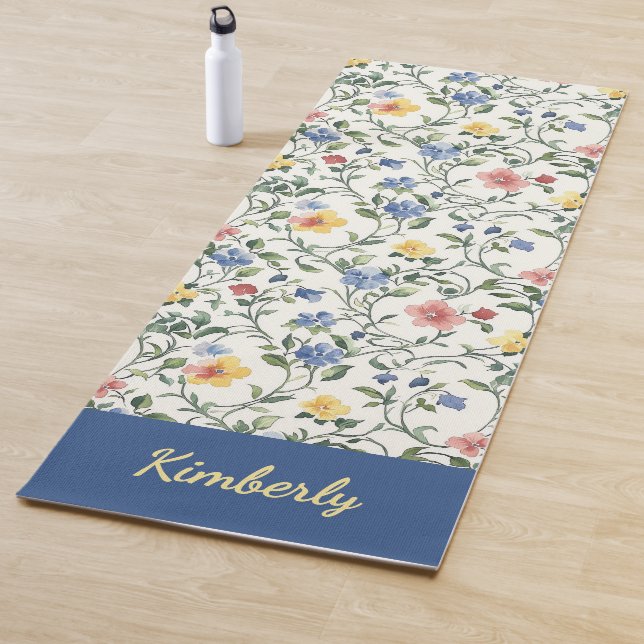 Blue Yellow Watercolor Wildflower Monogram Name Yoga Mat (In Situ)