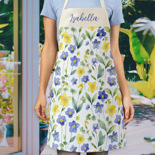 Blue Yellow Watercolor Wildflower Script Name Apron