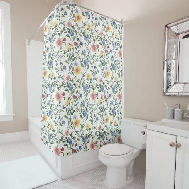 Blue Yellow Watercolor Wildflower  Shower Curtain (In Situ)