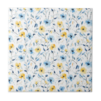 Blue Yellow Watercolor Wildflower  Tile