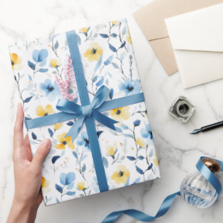 Blue Yellow Watercolor Wildflower  Wrapping Paper
