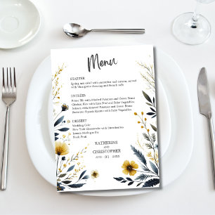 Blue Yellow Watercolor Wildflowers Wedding Menu