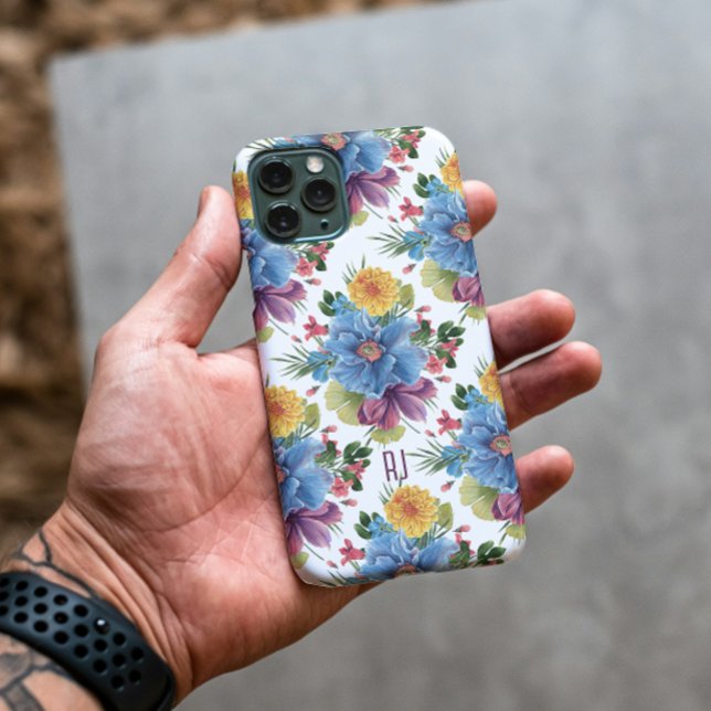Blue & Yellow Watercolors Flowers Pattern Monogram iPhone Case (Creator Uploaded)