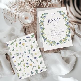 Blue Yellow Whimsical Flower Wreath Wedding RSVP Card