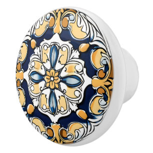 Blue Yellow White Black Azuleju Spanish Moroccan Ceramic Knob