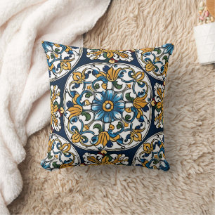 Blue Yellow White Black Azuleju Spanish Moroccan Cushion