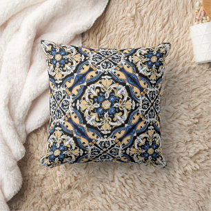 Blue Yellow White Black Azuleju Spanish Moroccan Cushion
