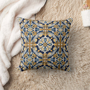 Blue Yellow White Black Azuleju Spanish Moroccan Cushion