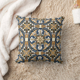 Blue Yellow White Black Azuleju Spanish Moroccan Cushion
