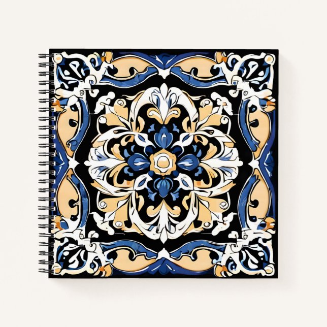 Blue Yellow White Black Azuleju Spanish Moroccan Notebook (Front)