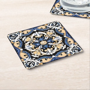 Blue Yellow White Black Azuleju Spanish Moroccan Square Paper Coaster