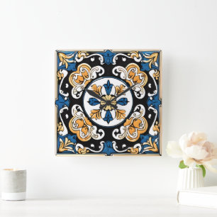 Blue Yellow White Black Azuleju Spanish Moroccan Square Wall Clock