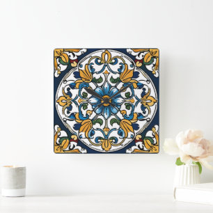 Blue Yellow White Black Azuleju Spanish Moroccan Square Wall Clock