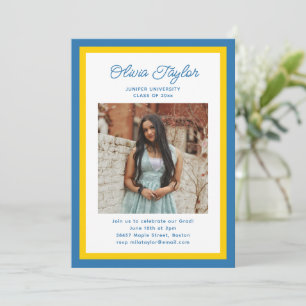 Blue Yellow White Border Photo Graduation Party Invitation