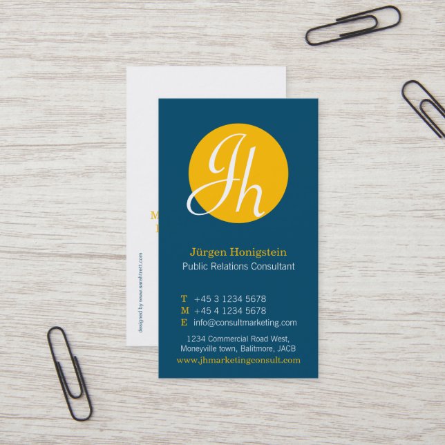 Blue yellow white circle initial modern business card (Front/Back In Situ)