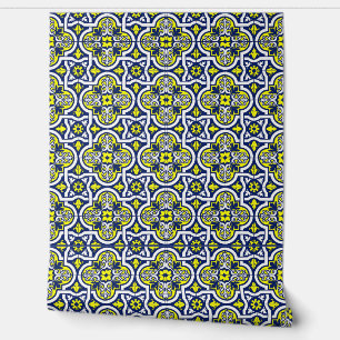 Blue Yellow White Floral Vintage Tile Ornaments Wallpaper