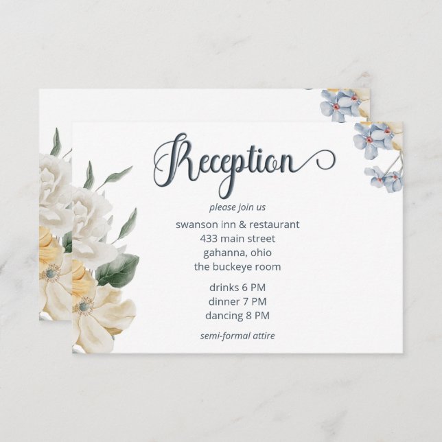 Blue Yellow & White Floral Wedding Reception Enclosure Card (Front/Back)