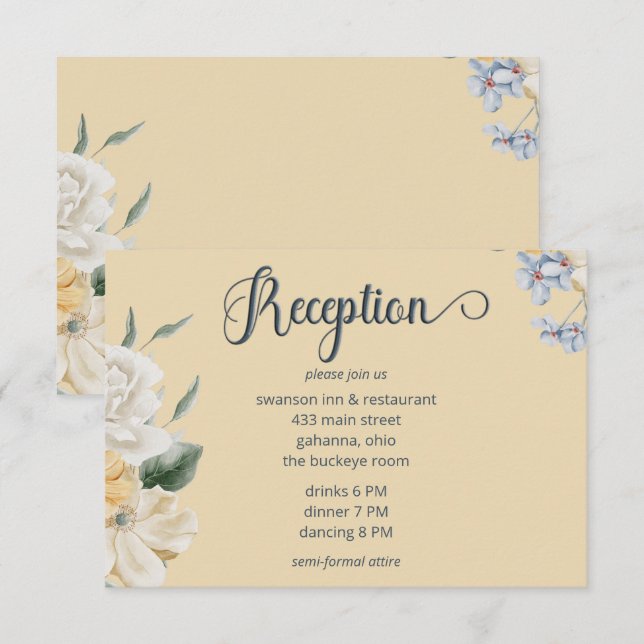 Blue Yellow & White Floral Wedding Reception Enclosure Card (Front/Back)