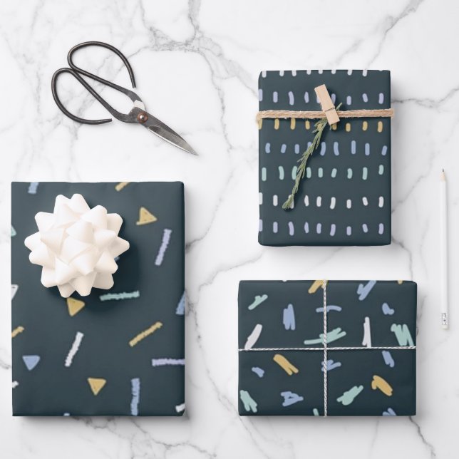 Blue Yellow White Geometric Wrapping Paper (Front)