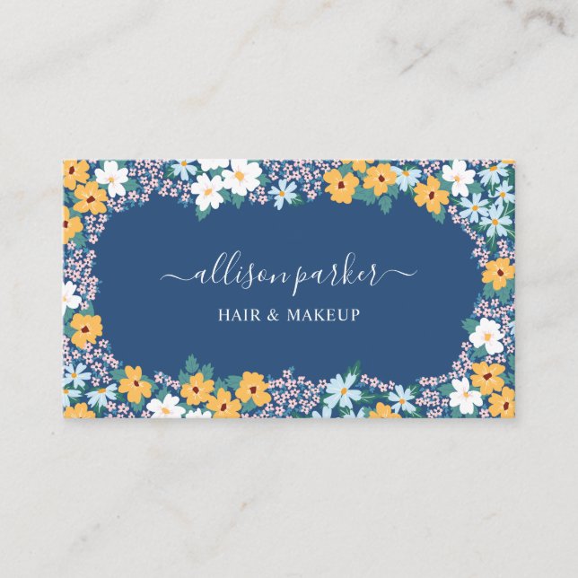 Blue Yellow White Meadow Flowers Frame Business Card (Front)