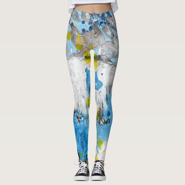 Blue Yellow White Modern Elegant Abstract Art Leggings (Front)
