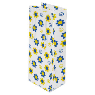 BLUE YELLOW WHITE PEACE SIGNS & FLOWERS WINE GIFT BAG