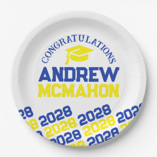 Blue, Yellow & White Personalised Graduation Paper Plate