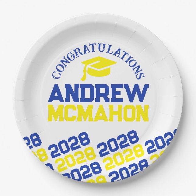 Blue, Yellow & White Personalised Graduation Paper Plate (Front)