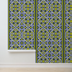 Blue Yellow White Retro Ornaments Vintage Design Wallpaper
