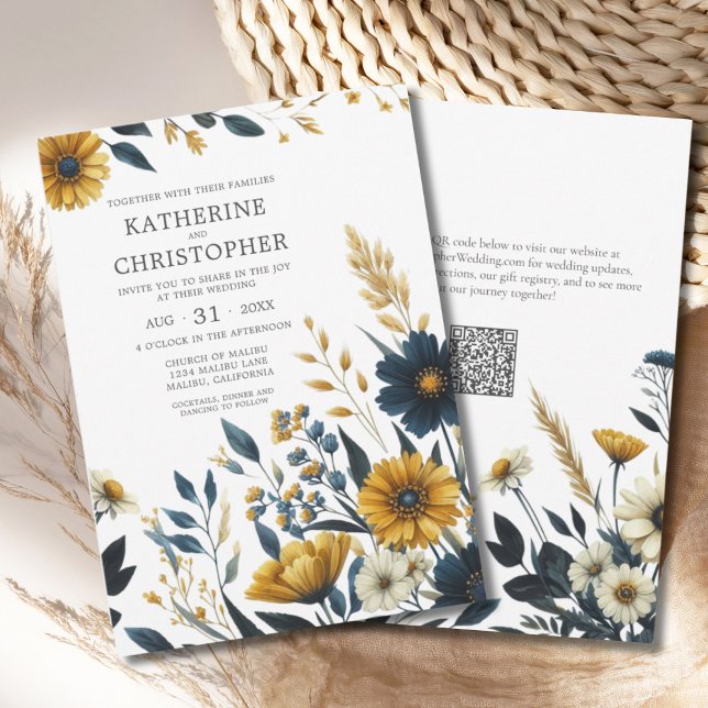 Blue Yellow Wildflower Elegant QR Code Wedding Invitation (Blue Yellow Wildflowers Elegant Wedding Invitation with QR Code for Wedding Website.)