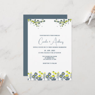 Blue Yellow Wildflower Floral Boho Wedding Invitation