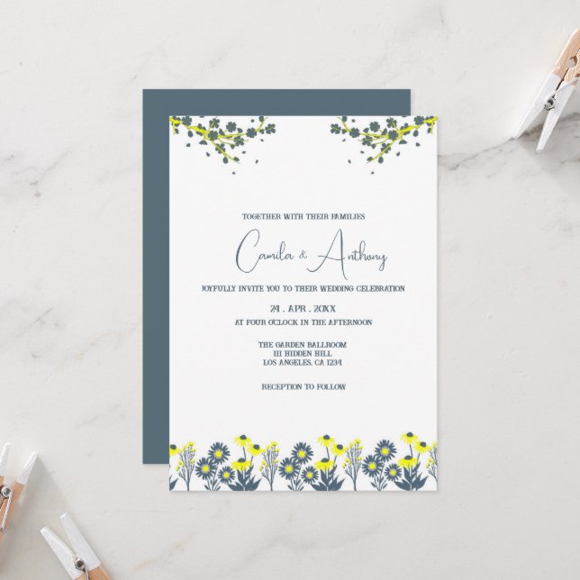 Blue Yellow Wildflower Floral Boho Wedding Invitation (Front/Back In Situ)