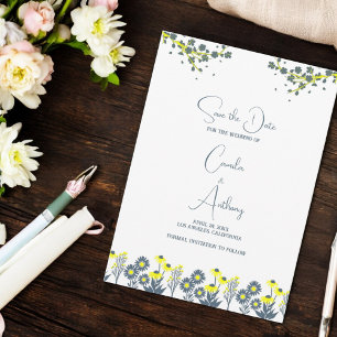Blue Yellow Wildflower Floral Boho Wedding Invitation