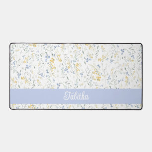Blue Yellow Wildflower Pattern Custom Name Desk Mat