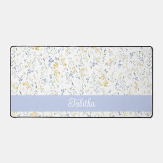 Blue Yellow Wildflower Pattern Custom Name Desk Mat