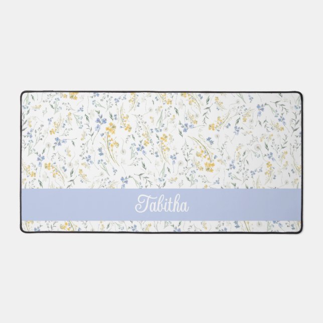 Blue Yellow Wildflower Pattern Custom Name Desk Mat (Front)