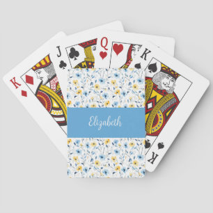 Blue Yellow Wildflower Watercolor Monogram Name Playing Cards